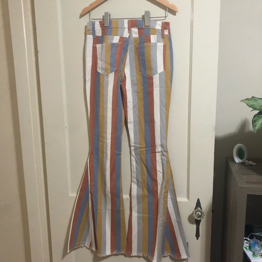 Striped High Rise Fringe Bell Bottom Jeans - Picture 4 of 6